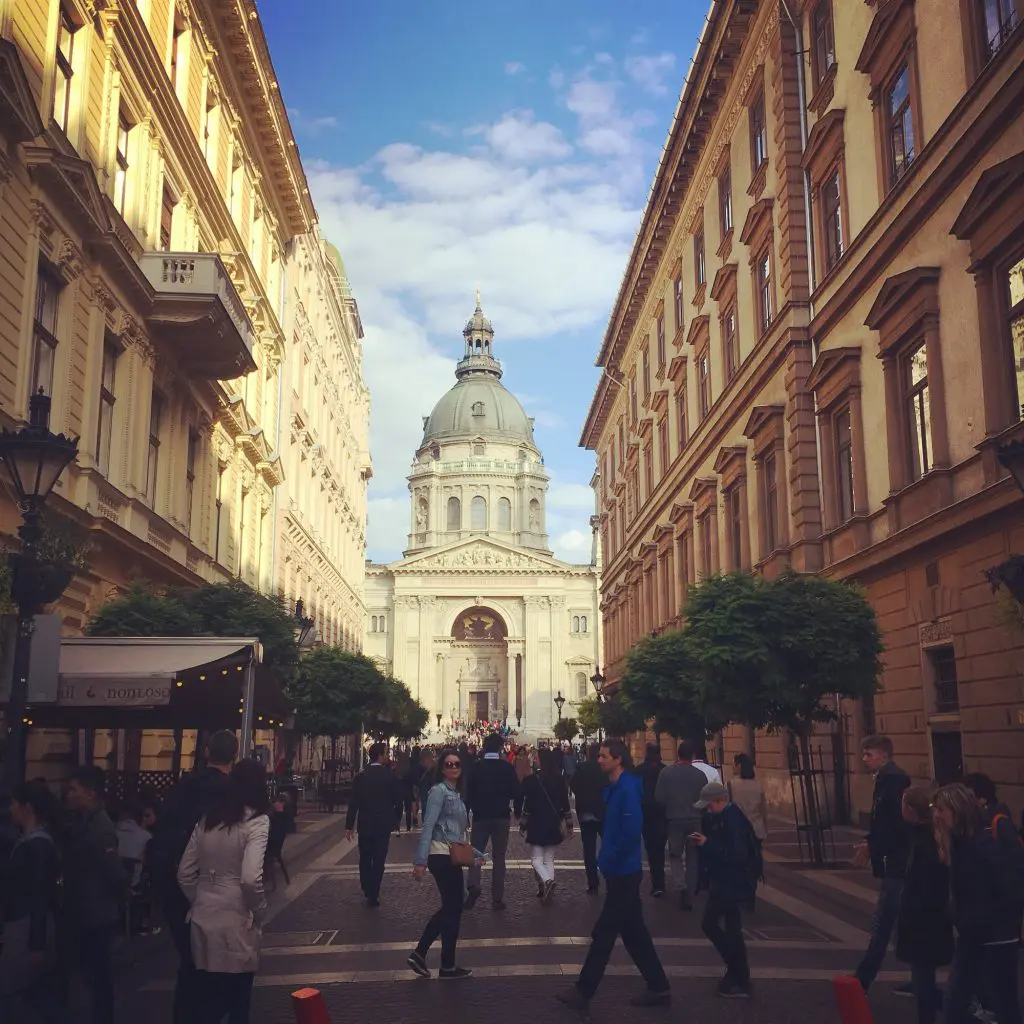 48 Hours in Budapest. Image of a street in Budapest leading up to St Stephen's Basilica
