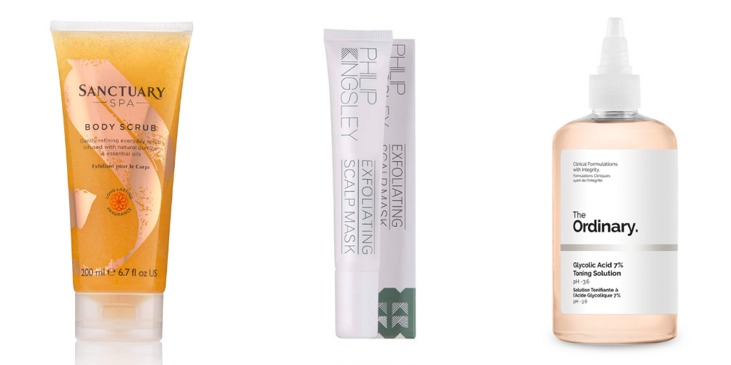 Recommended exfoliators for face, body & scalp. Image of Sanctuary Spa Classic body scrub. Philip Kingsley exfoliating scalp mask and The Ordinary Glycolic acid 7% toning solution against a white background