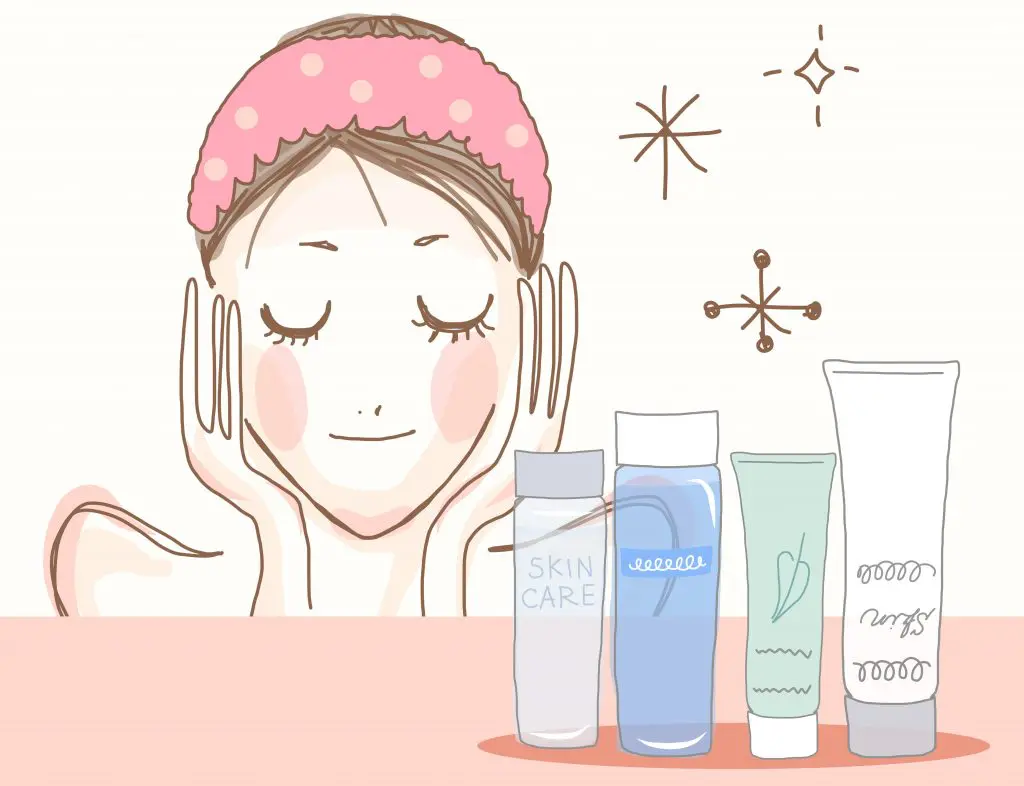 How to get the most out of your skincare products. Illustration of a girl wearing an alice band, with her hands to her face, her eyes closed and looking contented. Illustrations of different skincare products are in front of her