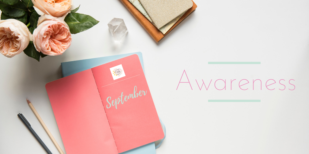 Self-Awareness Well-being Focus. Flatlay Image of a pink journal showing the Living Pretty Happy Logo and the word September written on it. There are peach flowers, a crystal, pencils and other notebooks around it. The word AWARENESS is also displayed