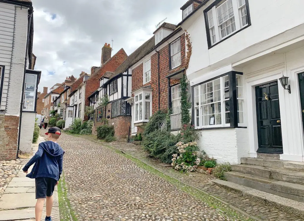My son exploring a cobbled street in Rye, Sussex UK