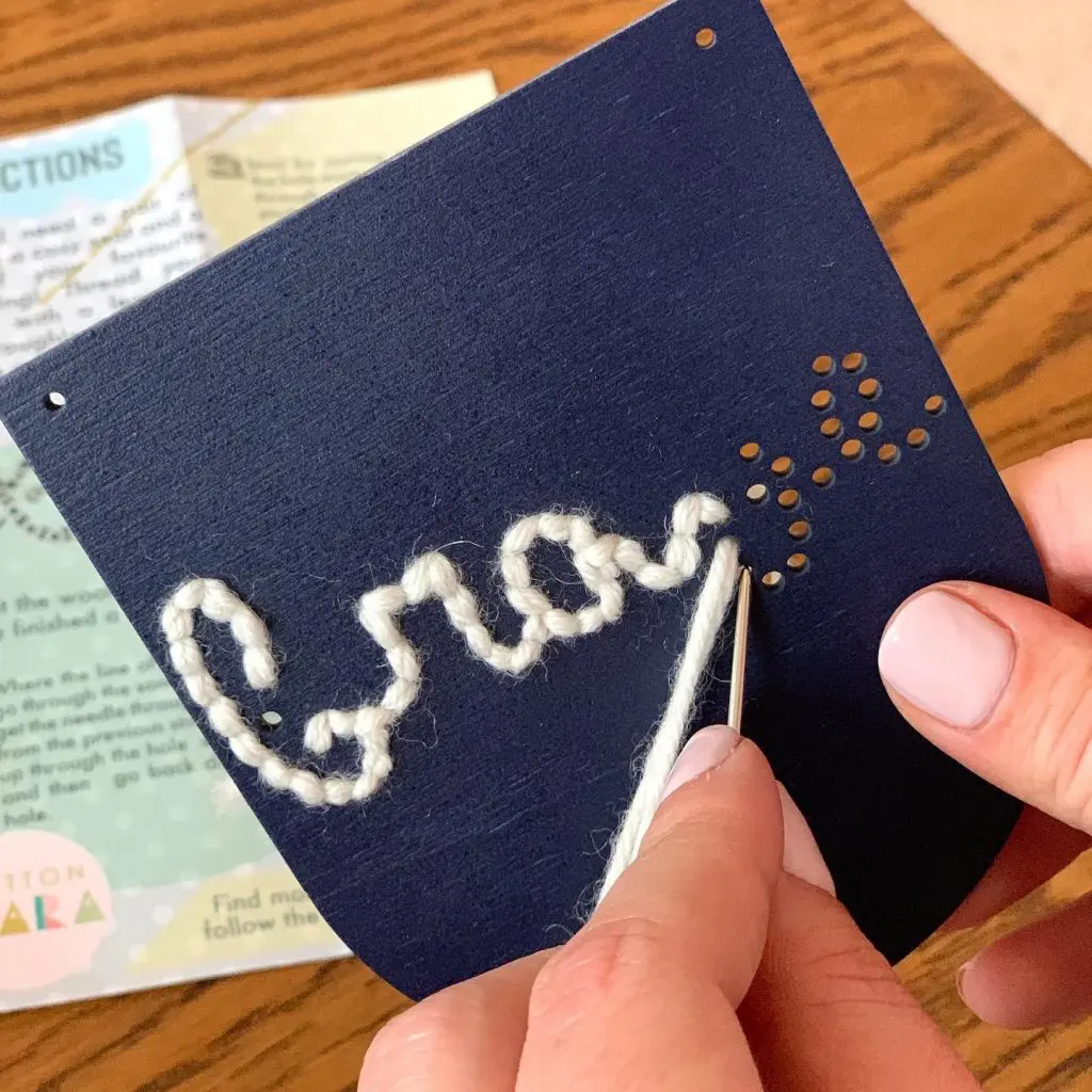 Embroidering the word BRAVE onto my Cotton Clara embroidery plaque