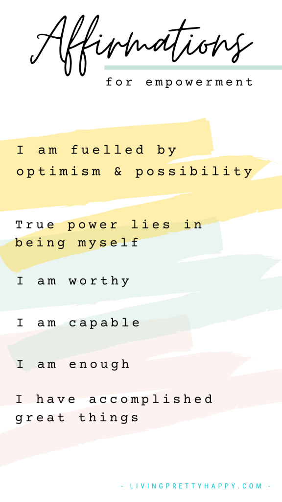 Empowerment affirmations.  Affirmations to help increase self belief.  Click to access over 90 FREE positive affirmations.  Plus a free affirmations template #affirmations #mantras #empowerment #selfbelief