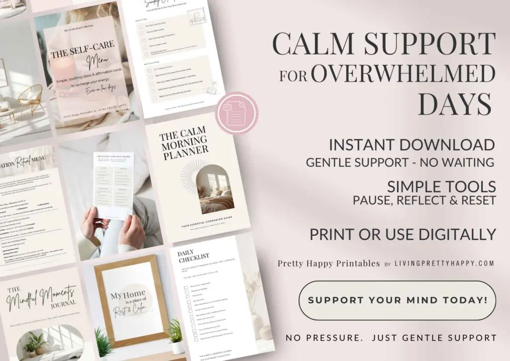 Calm Support for Overwhelmed days Instant downloads use digitally or print calm well-being printables graphic showing an array of well-being printable tools from pretty happy printables