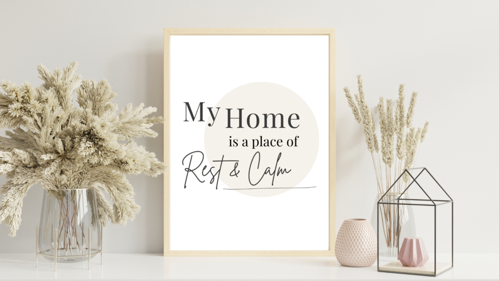 A framed print that reads 'My Home is a place of Rest & Calm' displayed on a shelf with decorative elements, including a clear glass vase filled with dried flowers and a geometric glass terrarium. Minimalist printable affirmation wall art promoting calm and positivity