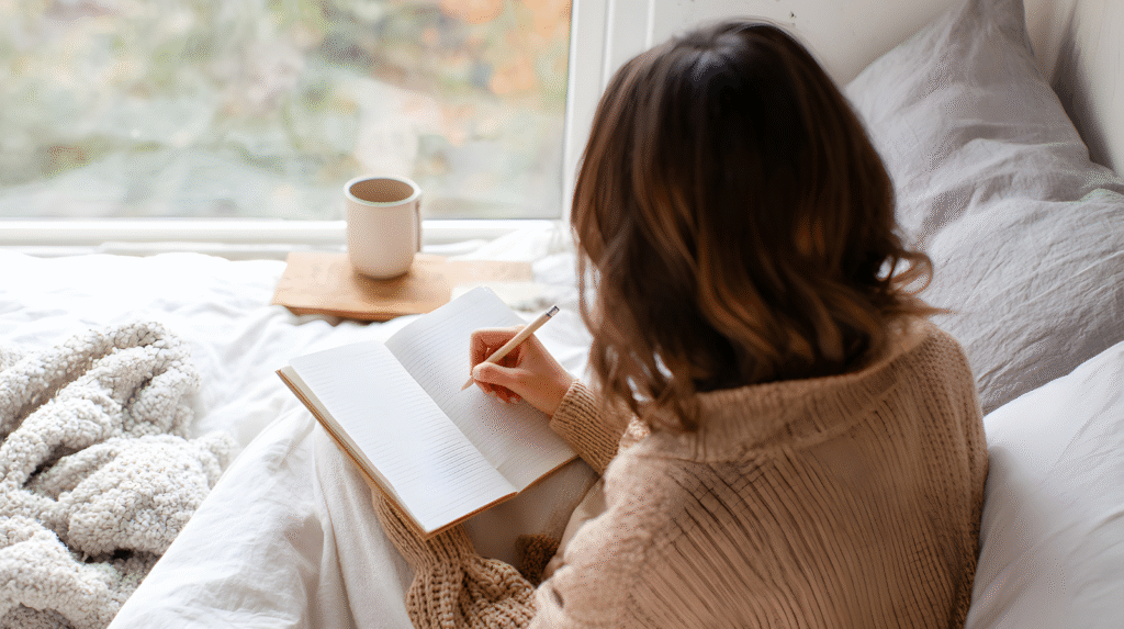 Hand writing in journal — example of gratitude self-care practice.