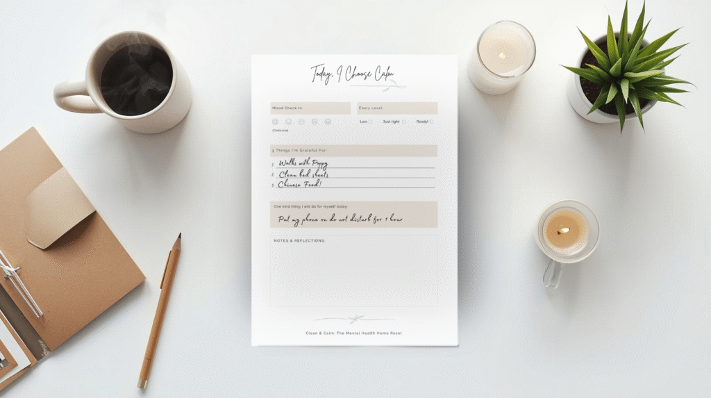 A cozy desk scene featuring a printed self-care worksheet titled 'Today, I Choose Calm', a mug of coffee, a notebook, a pencil, and two candles with a small plant in the background. Printable home organisation tools for creating a calm, mindful daily routine