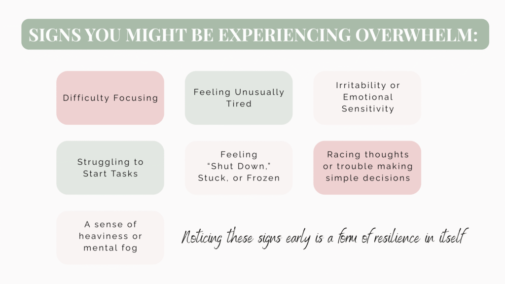 Infographic displaying the signs you could look out for that show you're feeling overwhelmed