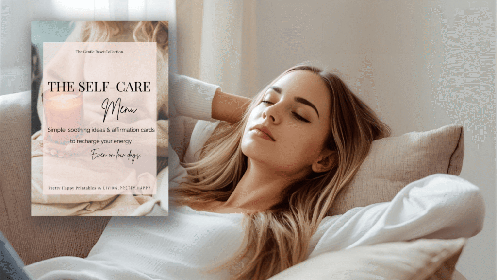 A woman relaxing with her eyes closed, leaning against a pillow, alongside a digital graphic of 'The Self-Care Menu', featuring a candle and text about self-care practices. The self-care menu is one of the helpful sustainable self-care tips