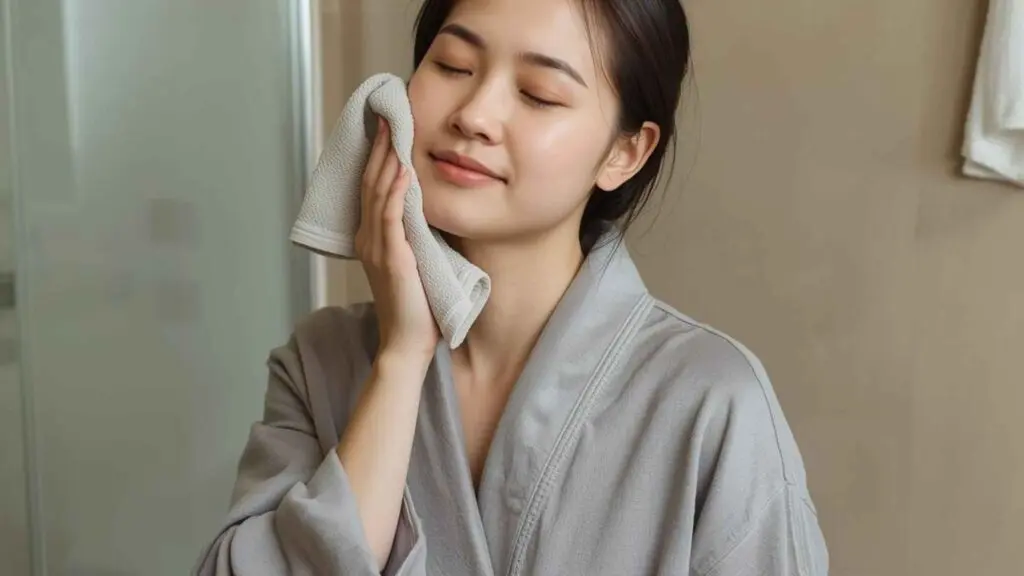 A woman in a bathroom standing in a bathroom holding a cooling flannel to her face. holding a cool flannel to your cheeks for 30–60 seconds activates the mammalian dive reflex, which naturally slows the heart rate and shifts the nervous system out of stress mode