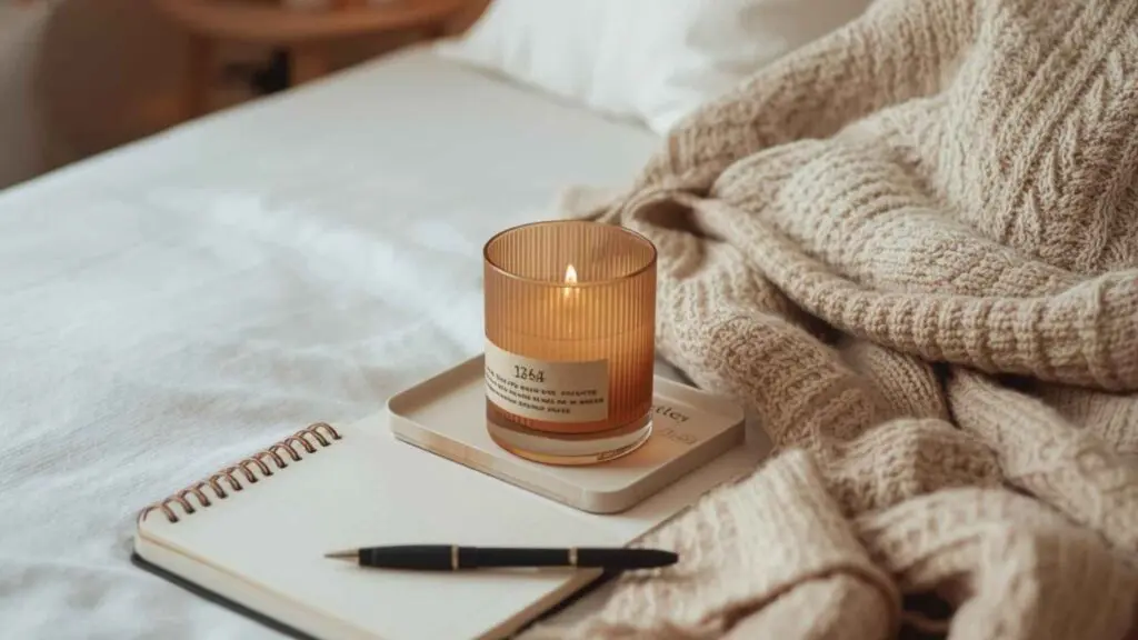 a calming image of a bed with a blanket, lit candle, notebook and pen as part of a 10-minute end of the day reset