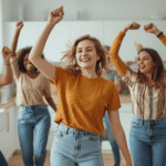 Women dancing in a kitchen happily concept of play-based fitness