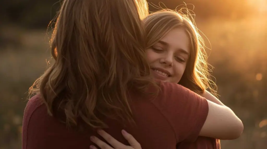 Woman and teenage girl embrace outside,the teenage girl looks contented
