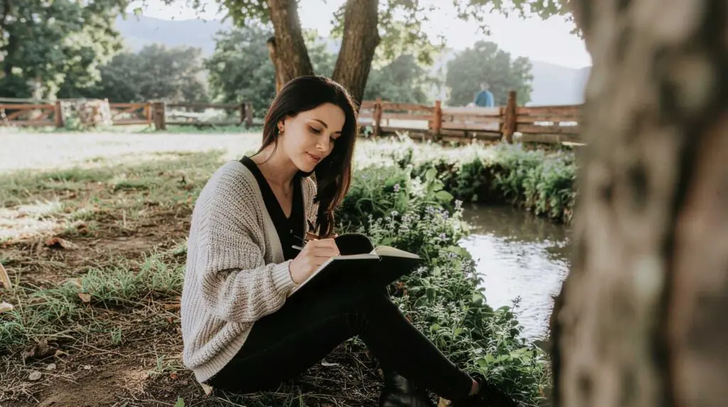 a woman sits on a riverbank journalling completing a future self exercise