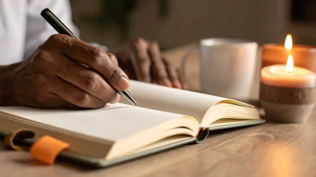a pair of hands holding a pen preparing to write in a journal.