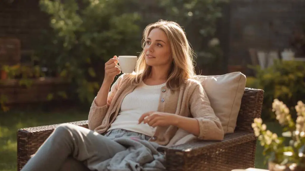 woman sitting happily with a mug of coffee in her garden