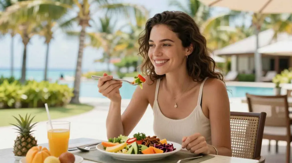 Holiday Digestion Tips woman eating healthily on holiday