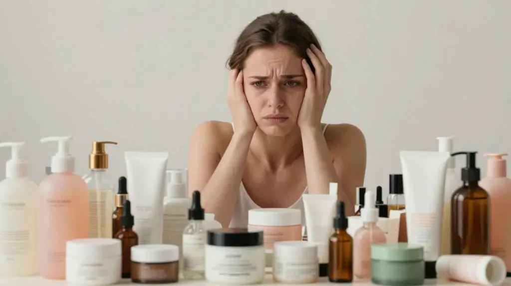 Woman overloaded with skincare products