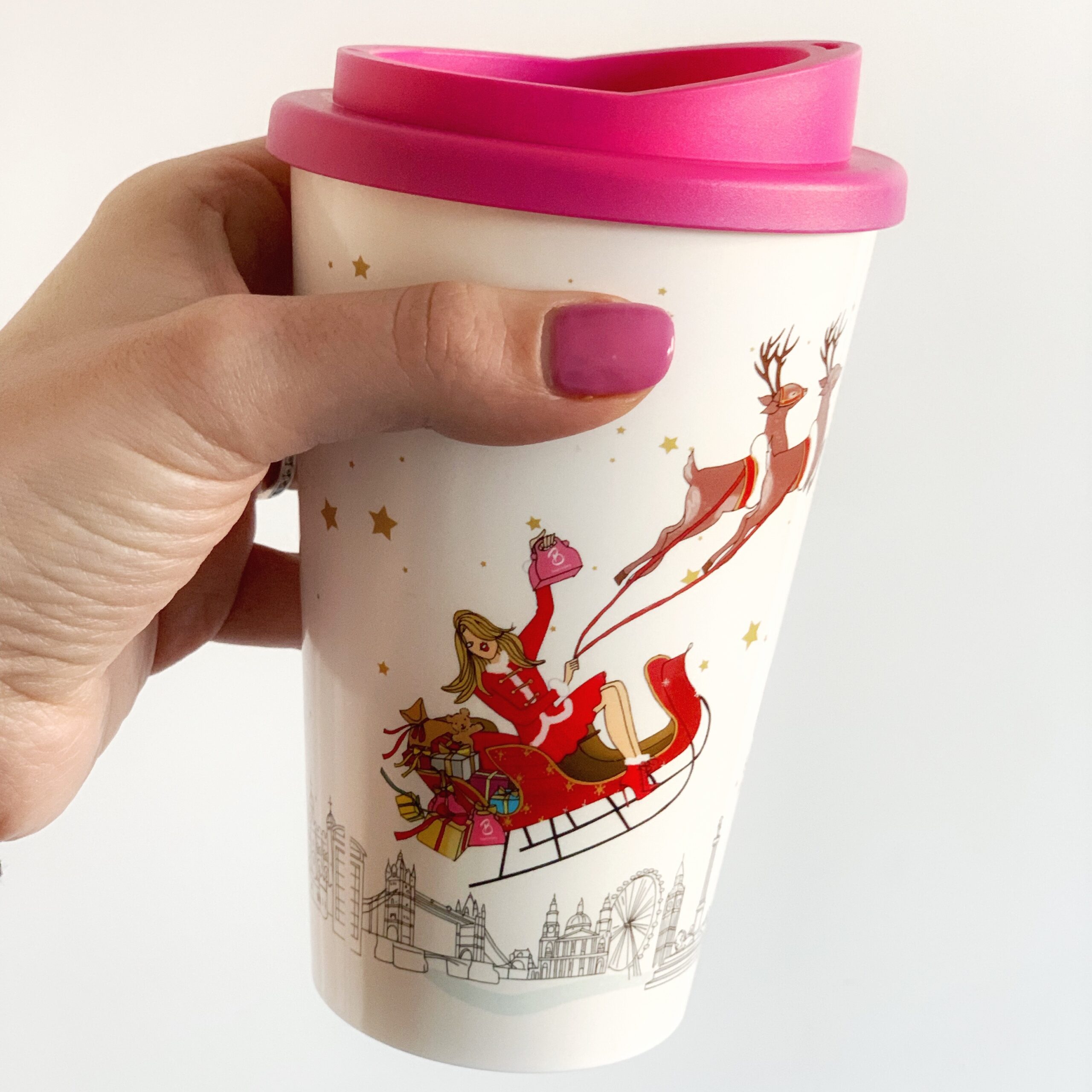 Happy days: London Afternoon Tea Bus Tour. Image of the re-useable travel mug given as a memento on the B-Bakery afternoon tea bus tour