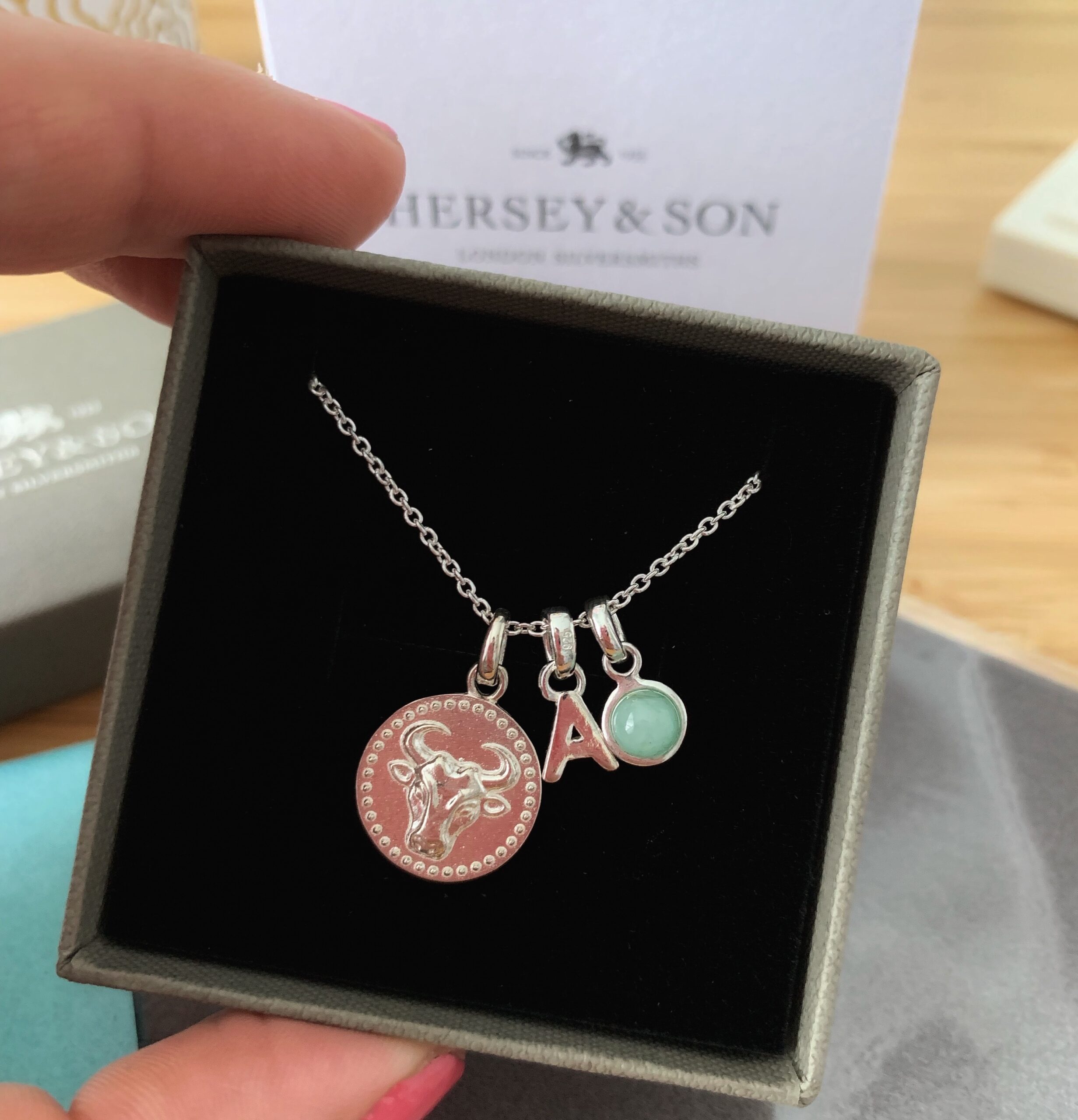 My Hersey & Son charm necklace. Featuring a zodiac, initial & birthstone charm