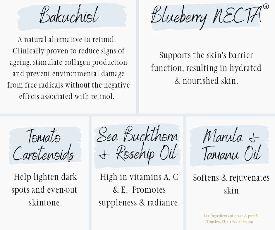 peace & pure timeless elixir facial serum key ingredients