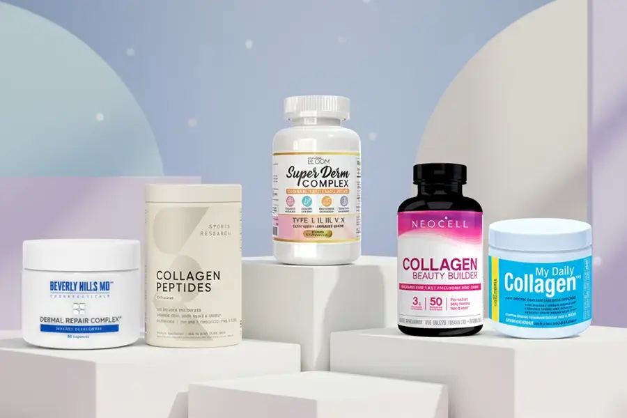 5 Collagen Supplements displayed as part of the 5 best anti aging supplements for youthful, radiant skin article